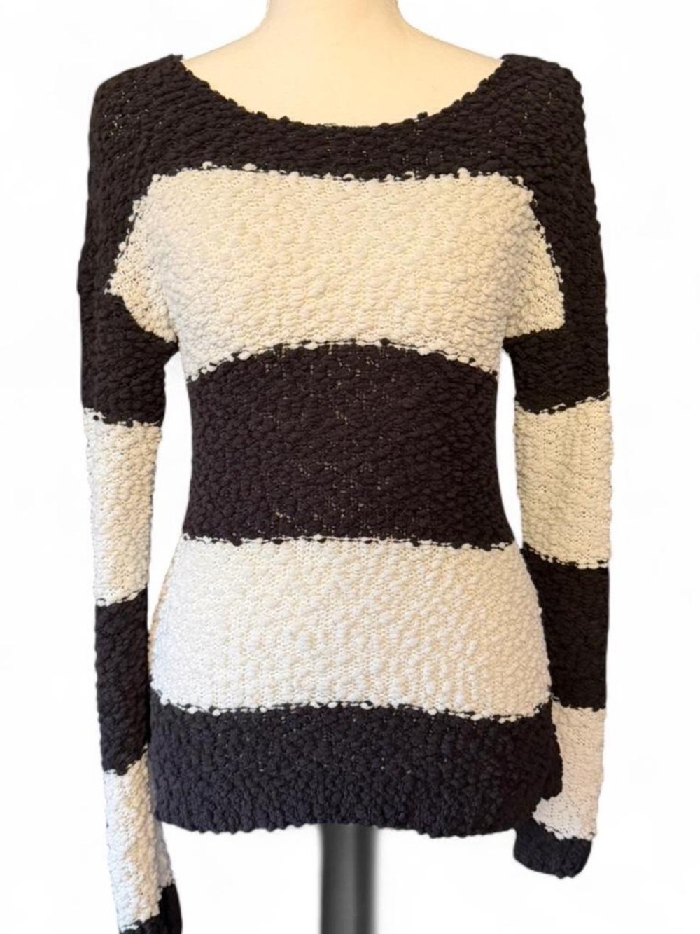 Almost Famous Black & White Striped Bouclé Scoop Sweater